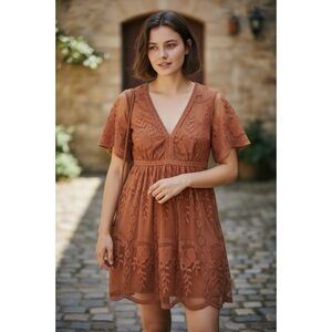 Haute Monde Lace V-Neck Mini Dress in Brown